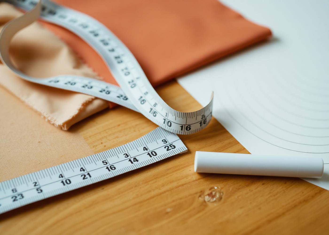 Measuring tape, fabric swatches and curved pattern paper on a wooden table