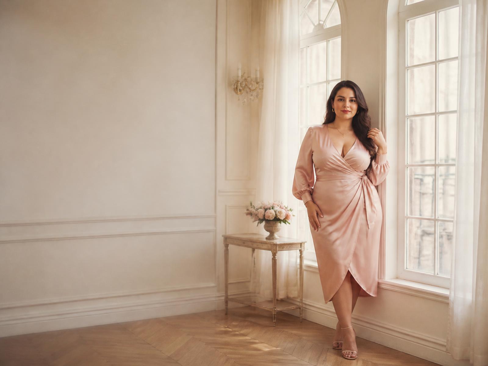 Curvy woman in a blush satin wrap dress in a sunlit ivory salon with arched windows