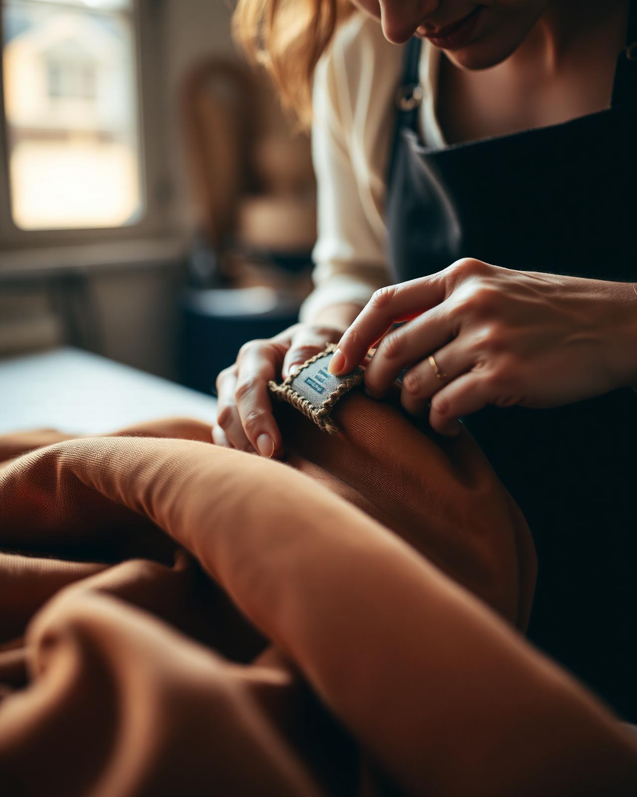Hands stitching a woven label into caramel fabric in warm daylight