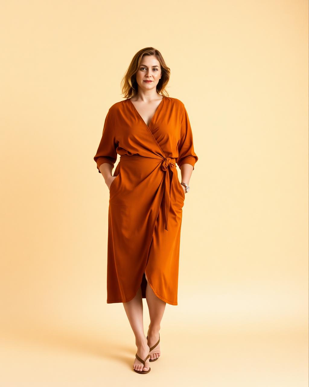 Petite curvy body in an amber wrap dress with elbow sleeves, shoulders down