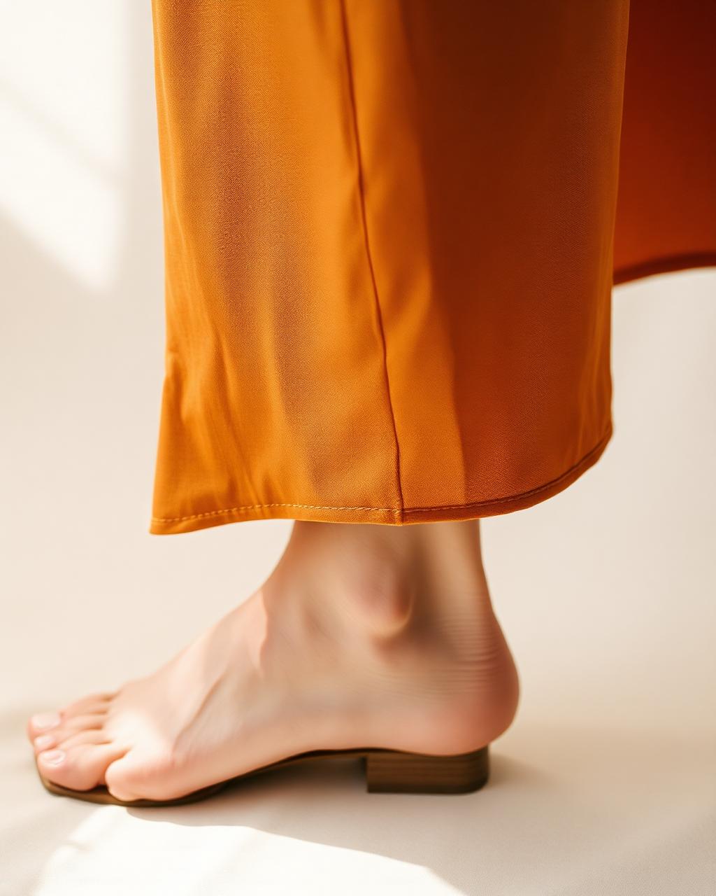 Detail crop of an amber hem falling above the ankle