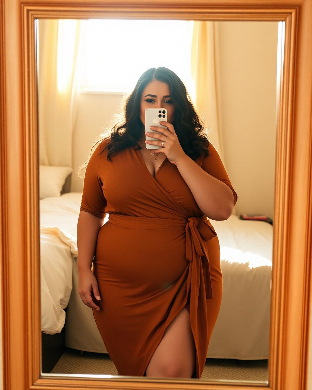 Mirror photo of a curvy woman in a caramel wrap dress, phone covering her face