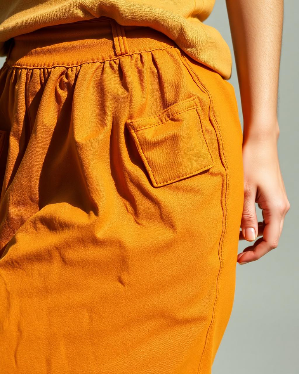 Close-up of a hand in the deep pocket of an amber skirt