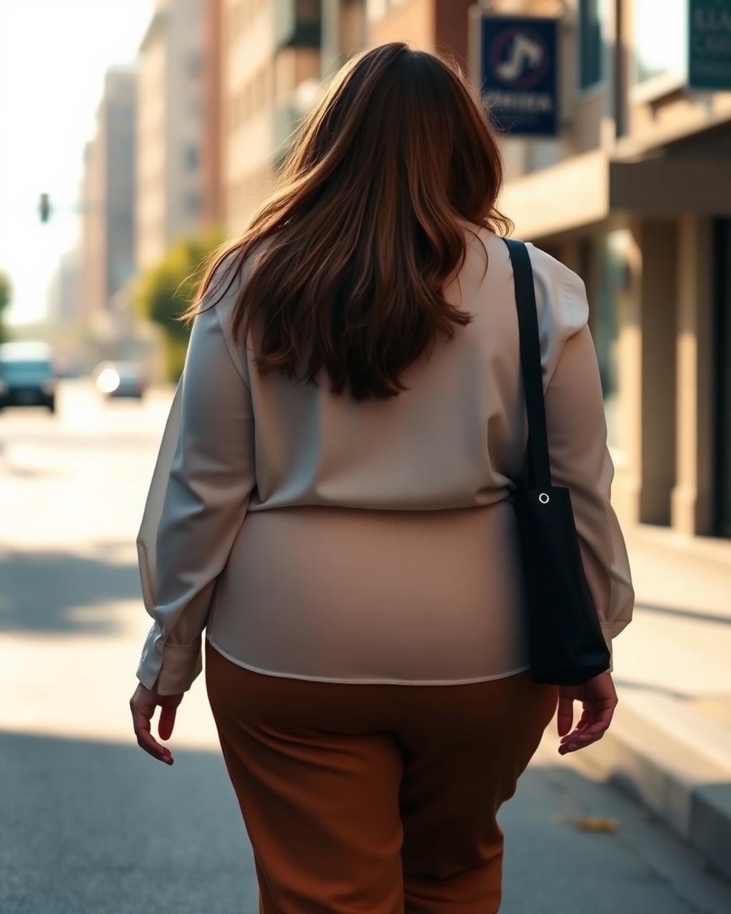 Back view of a curvy woman walking in an ivory shirt and caramel trousers