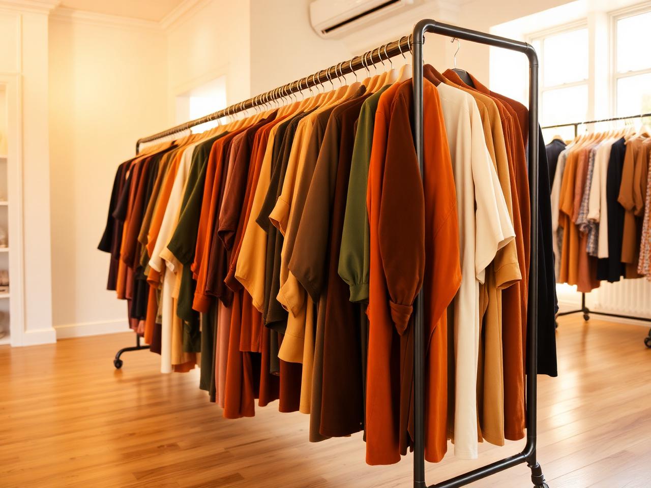 A full rail of richly coloured pieces in a warm, bright boutique