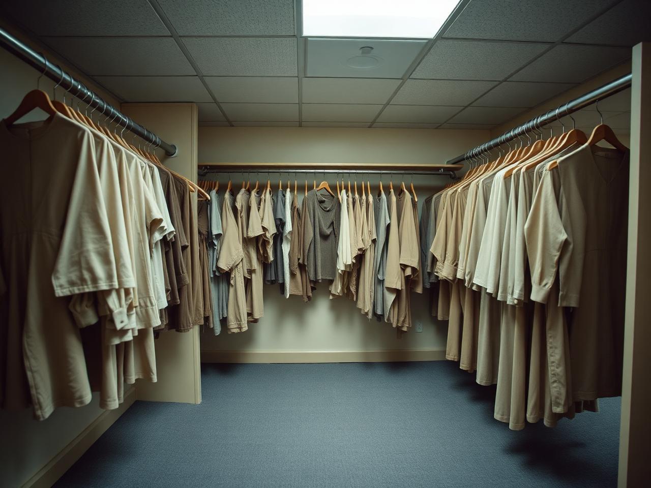 A small beige rack of shapeless clothes at the back of a store under cold lighting