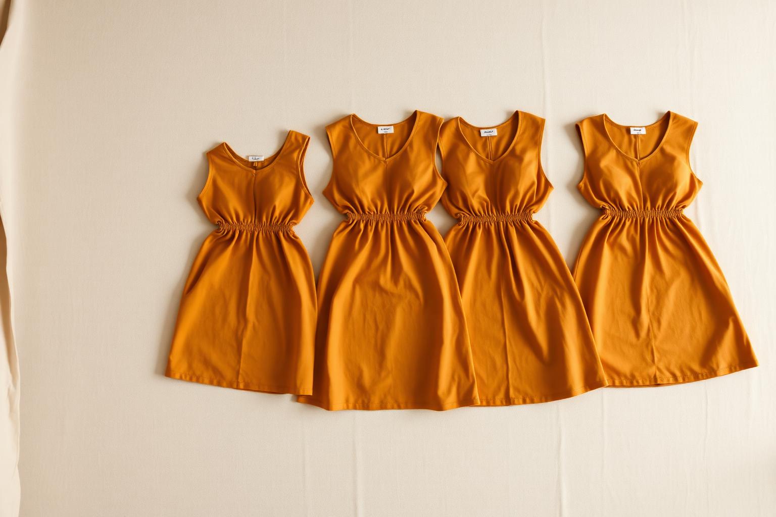 The same amber dress laid out flat in several sizes side by side