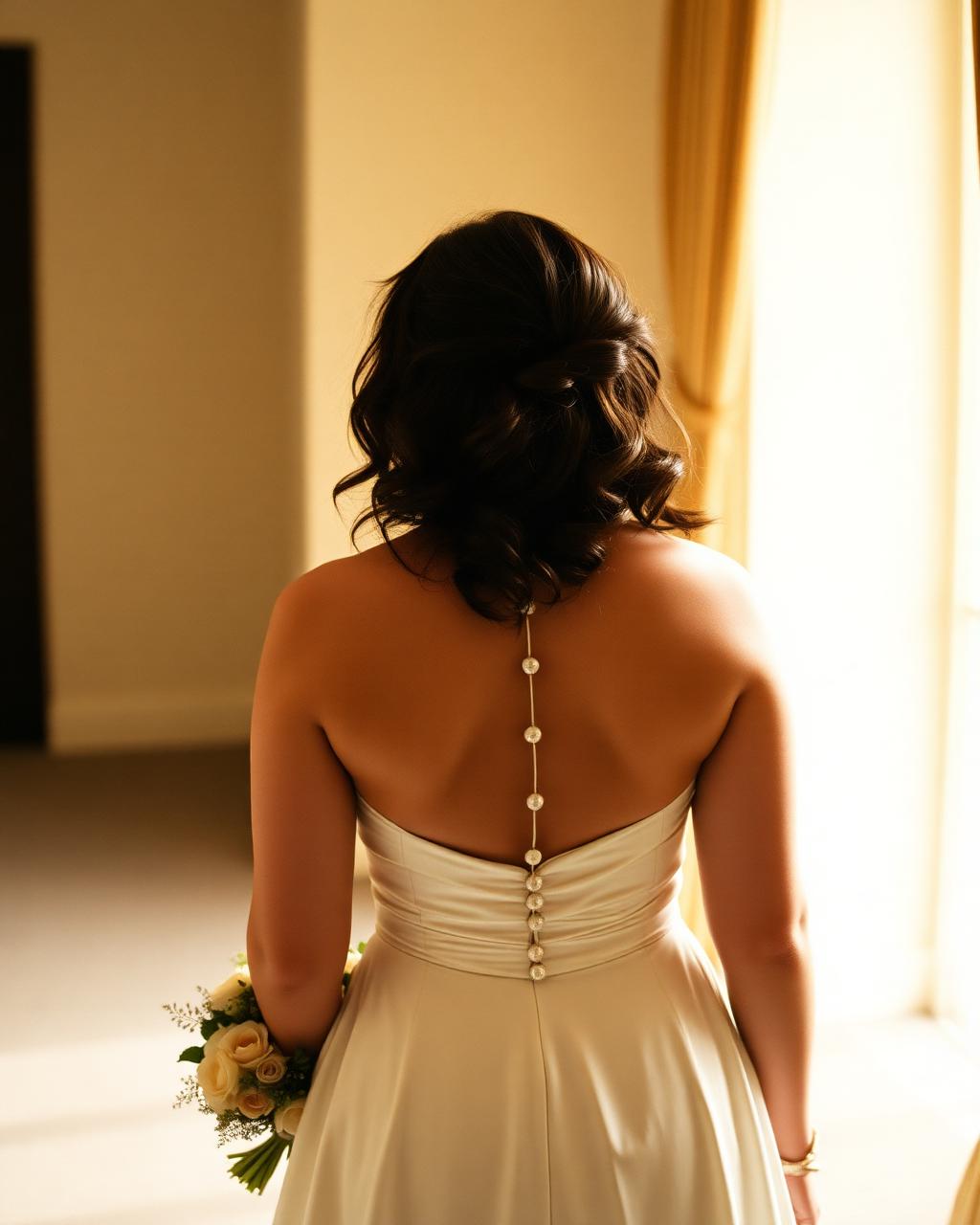Back view of an ivory gown with covered buttons, bouquet held at the side
