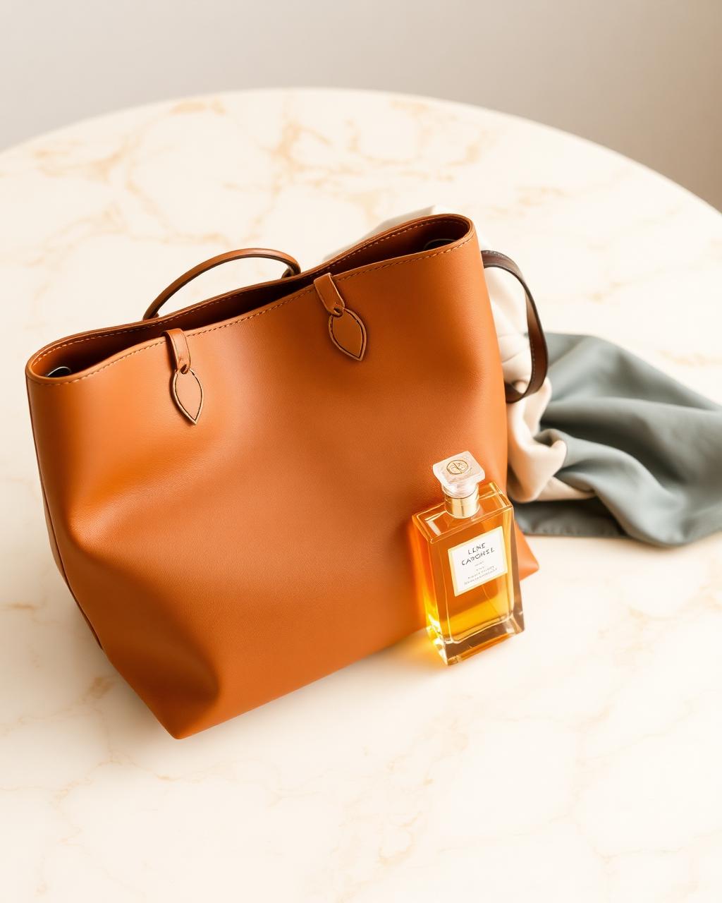 Caramel leather tote, gold hoops, silk scarf and a glass scent bottle on marble