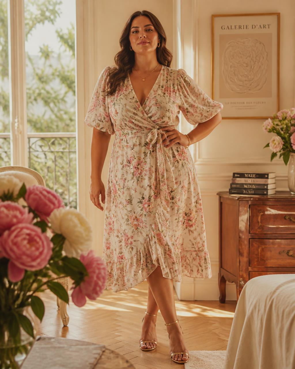 Robe Jardin — Floral wrap midi, real waist tie
