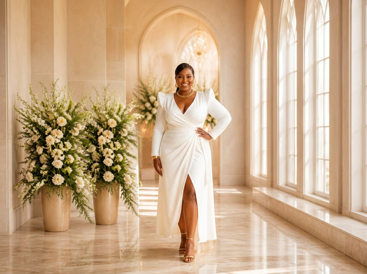 Curvy woman in a modern ivory wedding dress in a sunlit hall